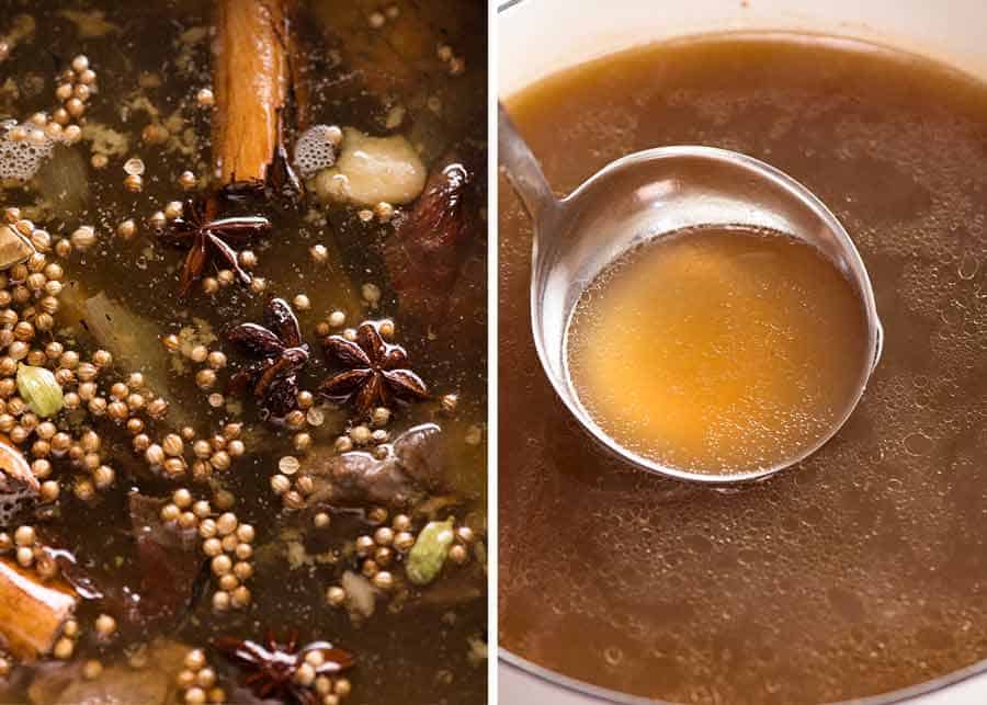 Close up of making Pho soup broth